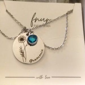 FNUR JEWELRY Aquamarine Birthstone 'Grammie' Engraved Stainless Necklace**NEW!